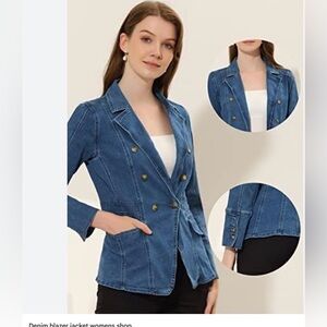Allegra K Women's Double-Breasted Blue Denim Blazer